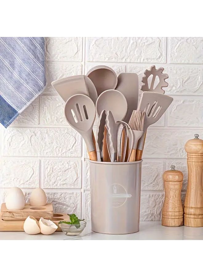 12Pcs Black Silicone Kitchen Utensil Set With Storage Bucket Wooden Cooking Tools - Image 4